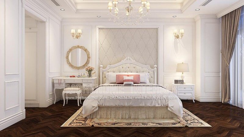 Giường ngủ gỗ tần bì phun sơn trắng cao cấp, phần đầu giường bọc nỉ nhập khẩu mang lại cho khu vực phòng ngủ Master vẻ đẹp tinh tế, sang trọng, kiêu sa mà cuốn hút của chúng luôn làm cho người ta phải say đắm.