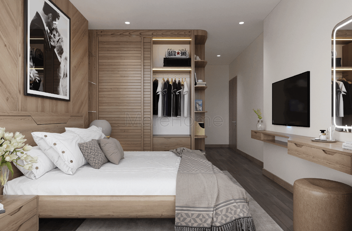 Tủ áo cánh trượt kết hợp kệ trang trí bên hông siêu tiện ích