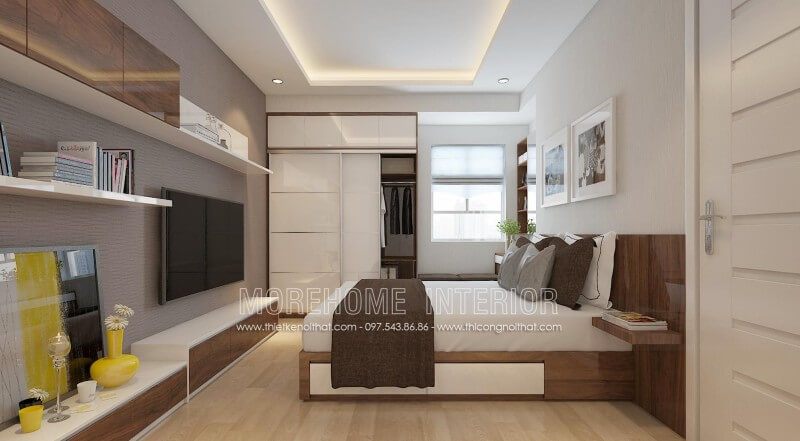 Mẫu giường ngủ chung cư gỗ công nghiệp với lối thiết kế hiện đại, đơn giản nhưng vẫn mang lại nét thanh lịch và sang trọng cho không gian phòng ngủ