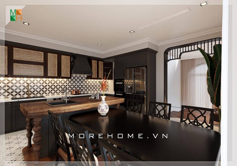 Mẫu thiết kế bàn ăn bằng gỗ tự nhiên phun sơn đen kiểu dáng tân cổ điển mang đến cảm giác truyền thống cho không gian phòng ăn