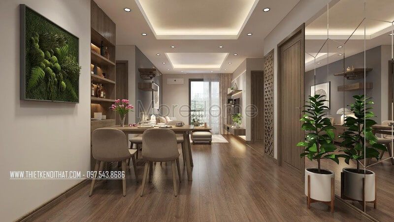Thiết kế bàn ăn nhỏ gọn, chất liệu gỗ công nghiệp đẹp và sang, tạo nên khu vực ăn uống tuyệt vời cho cả gia đình