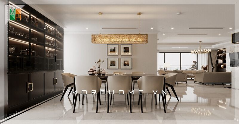 Mẫu bàn ghế ăn 8 ghế đẳng cấp sang trọng, chất liệu chính là sofa và gỗ cao cấp.