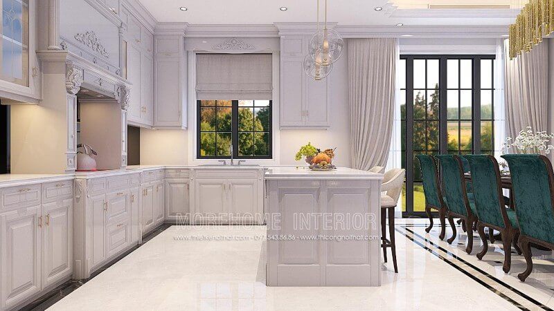 Tủ bếp gỗ tần bì phun sơn trăng Alkana cao cấp ấn tượng khiến bạn mê mẩn