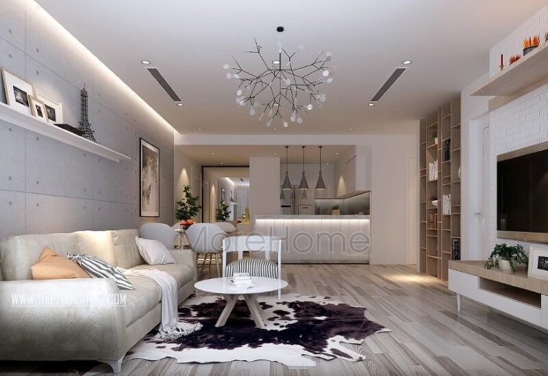 Thiết kế nội thất phòng khách chung cư hiện đại sử dụng tone màu ghi sáng và trắng làm chủ đạo mang đến cảm giác hiện đại, sang trọng và tinh tế