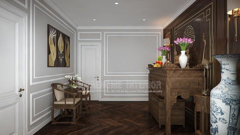 Bố trí nội thất phòng thờ đẹp, trang trọng hợp phong thủy từ nội thất gỗ óc chó cao cấp.