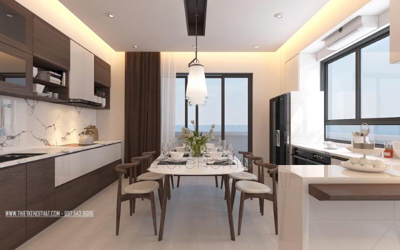 Trang trí nội thất phòng bếp ăn hiện đại sang trọng, độc đáo với điểm nhấn gỗ óc chó từ tủ bếp, bộ bàn ăn,bàn đảo bếp.