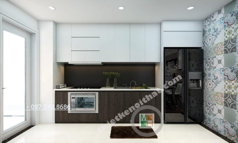 Với lối thiết kế khéo léo, hợp lí, phần tủ bếp được sắp xếp hướng ra ngoài ban công tạo cảm giác thông thoáng hơn cho căn bếp của gia chủ