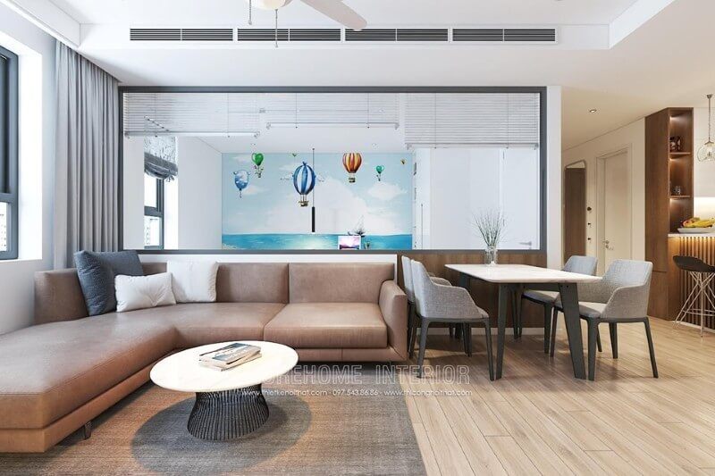 Mẫu thiết kế phòng khách chung cư hiện đại với đồ nội thất đơn giản nhưng tiện nghi