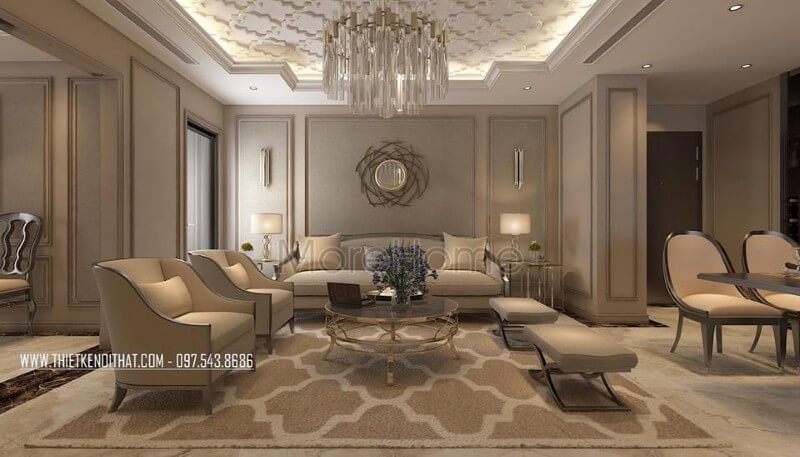 Thiết kế nội thất phòng khách được lựa chọn tông màu xám lạnh là chủ đạo.