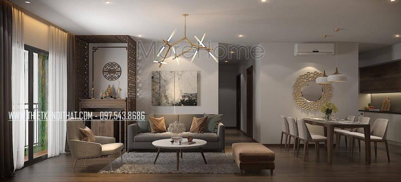 Thiết kế nội thất chung cư với nội thất phòng khách thiết kế hiện đại, sang trọng. Nội thất bố trí gọn gàng.