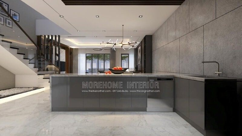Với ý tưởng trong mẫu bố trí nội thất biệt thự Parkcity trong đây, bạn có thể trang trí ngay không gian đảo tách biệt phòng bếp để có thể phục vụ nhanh nhu cầu của mình mà vẫn đảm bảo nhu cầu tức thời từ bộ tủ đựng đồ được bố trí máy rửa bát, bồn rửa tiện lợi.