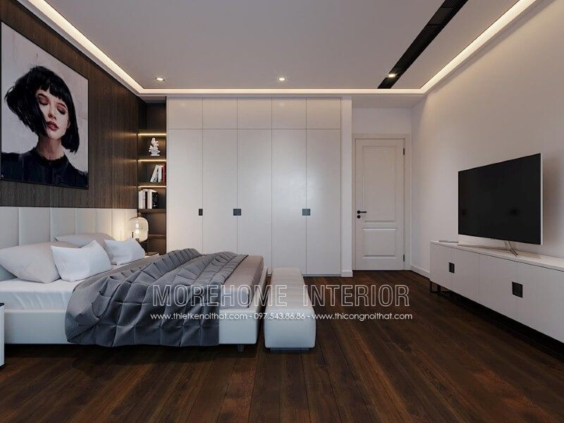 Sắp xếp nội thất phòng ngủ ấn tượng với tủ quần áo gỗ An Cường kết hợp kệ trang trí sát giường ngủ.
