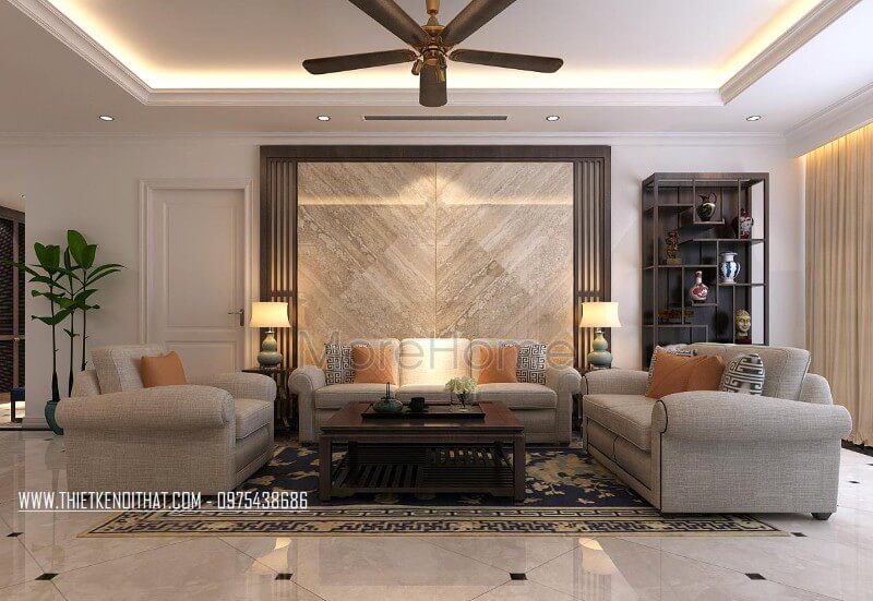 Bộ sofa bọc vải được thiết kế đơn giản, nhẹ nhàng, dù không cầu kỳ mà vẫn toát lên vẻ đẹp thanh lịch, tinh tế cho không gian tiếp khách của gia chủ