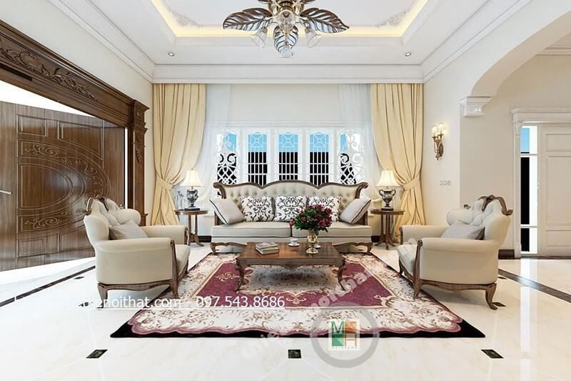 Mẫu sofa phòng khách gỗ tự nhiên bọc vải với đường nét tân cổ điển tinh tế tạo điển nhấn cho căn phòng