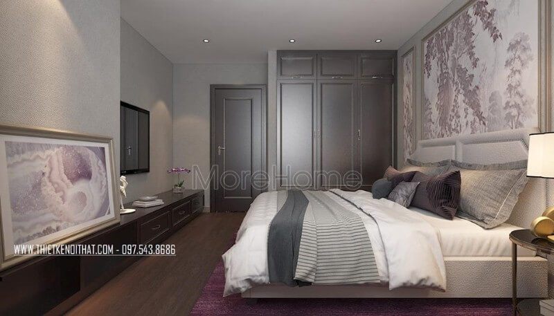 Giường ngủ gỗ tự nhiên có tab đầu giường bằng nỉ cao cấp, gam màu vẫn là gam màu lạnh chủ đạo của căn hộ, mảng tường đầu giường được ốp gỗ và trang trí một mẫu decor độc lạ thu hút.
