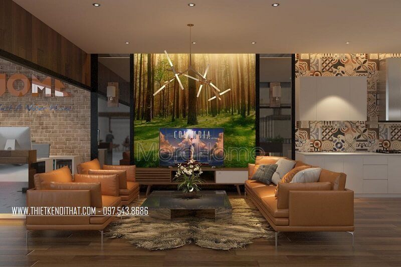 Trang trí khu vực tiếp khách hàng đẹp với sự xuất hiện của bộ sofa bọc da cao cấp kết hợp với bức tranh dán tường màu sắc tạo điểm nhấn nổi bật cho không gian căn phòng