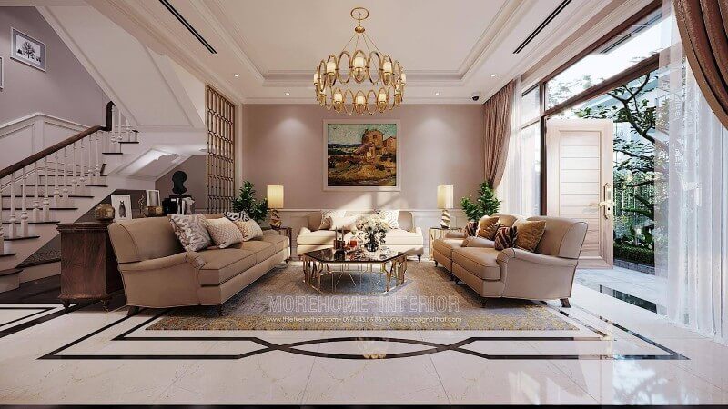 Sofa da tân cổ điển đẹp cho không gian nội thất phòng khách biệt thự ciputra Tây Hồ Hà Nội