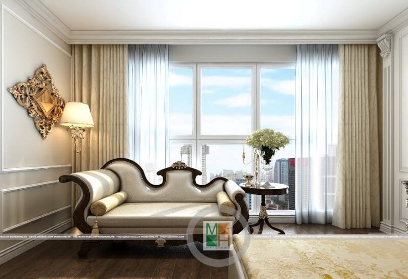 Mẫu ghế sofa bọc da đẹp với kiểu dáng ấn tượng, cùng đường nét uốn lượn tinh tế mang đến vẻ đẹp sang trọng cho căn phòng ngủ của gia chủ